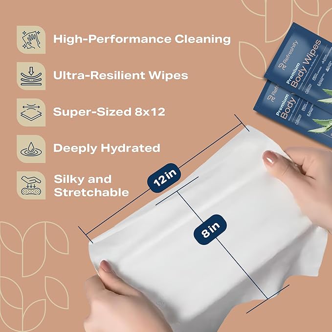 Extra large Shower Body Wipes for Adults 8" x 12" (400 count) + 8 Travel Packs | Adult Wipes for Elderly, Bathing No Rinse, Vitamin E, 8 Packs of 50