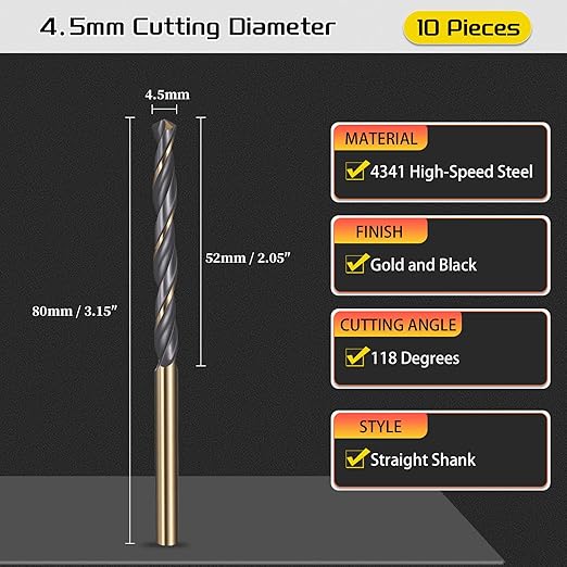 Drill Bit, 4.5mm Cutting Diameter, 4341 HSS Gold and Black 118° Cutting Angle Number Jobber Bits - (Applications: for Drilling Soft Metal Plastic Wood), 10-Pieces