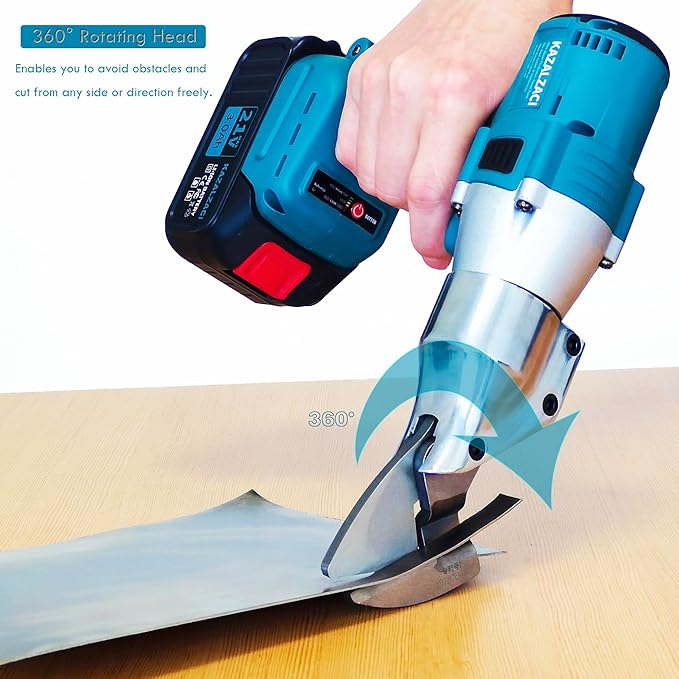Cordless Metal Sheet Shears Electric Scissors with 360° Swivel Head, Battery-Powered Sheet Metal Cutter for Iron, Aluminum, Steel, Carpet, Leather & Cardboard Curve/Straight Cutting