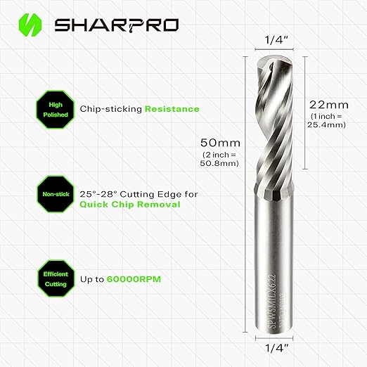 O Flute Upcut Spiral Router Bits 1/4 Inch Shank 1/4 Inch Cutting Dia. Carbide Single Flute CNC Router Bits, Ideal for Aluminum, Plastic, Acrylic, Wood, MDF and PVC (5PCS)
