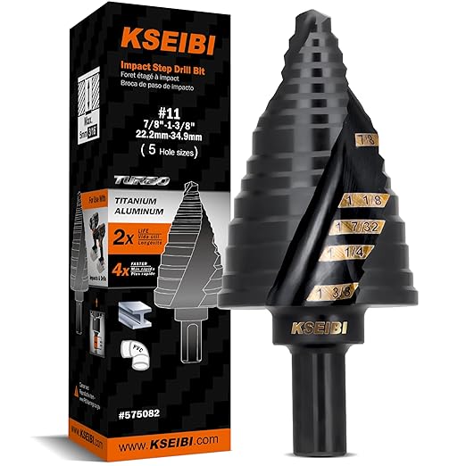 KSEIBI 5 Steps 7/8-1-3/8 inch SAE Standard Industrial Grade Step Drill Bit 3 Flat Shank, 575082 High-Speed Steel Metal Drill Bits Black Oxide M2 Material