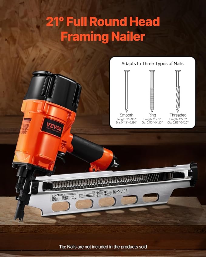 VEVOR Framing Nailer, 80-120PSI Air Nail Gun, 2" to 3-1/2" 21 Degree Full Round Head Pneumatic Framing Nailer with Tool-Less Depth Adjustment & Dual Trigger Modes, Ideal for Framing Decking Flooring