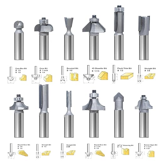 12pcs Router Bit Set,1/2 inch Shank,12 Pieces Carbide Tipped Router Bits/Router Cutters for Woodworking Beginners with Wooden Case