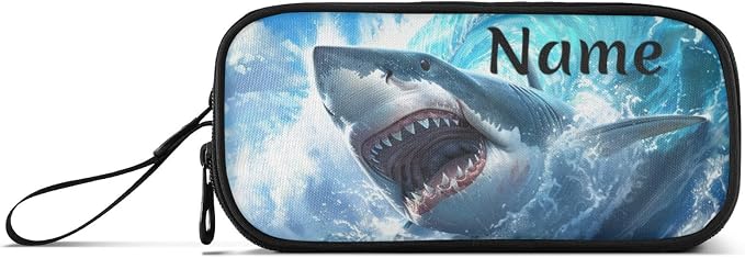 Custom Shark Blue Ocean Wave Pencil Case Box Boys Girls Personalized Name Large - Image 8