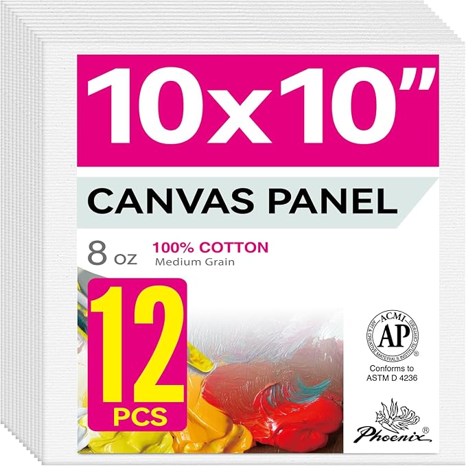 PHOENIX Painting Canvas Panels 10x10 Inch, 12 Value Pack - 8 Oz Triple Primed by PHOENIX