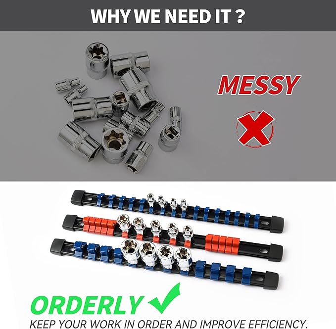 Socket Organizer Drive ABS Tools-Socket Holder, Premium Quality 9 Pieces Holders Kit 1/4-Inch x 48 Clips, 3/8-Inch x 45 Clips, 1/2-Inch x 36 Clips
