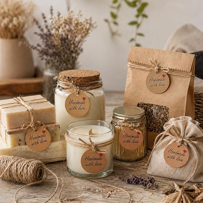 50 Pcs Handmade with Love Tags, Gift Tags with Jute String Small Round Brown - Image 5