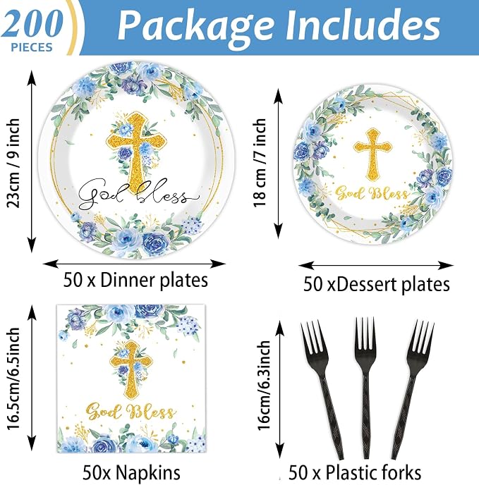 200pcs God Bless Plates Napkins Baptism Paper Tableware Set First Holy - Image 2