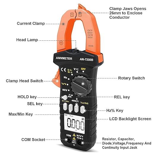 AIOMEST Digital Clamp Meter, TRMS 6000 Counts Multimeter NCV Tester for AC/DC Voltage Current Capacitance Temp Frequency Resistance Measuring with Backlit AI-7200B