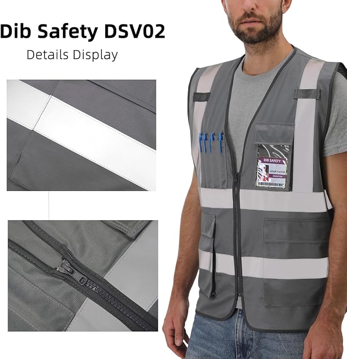 Dib Safety Reflective Vest High Visibility with Pockets and Zipper, Gray 3XL