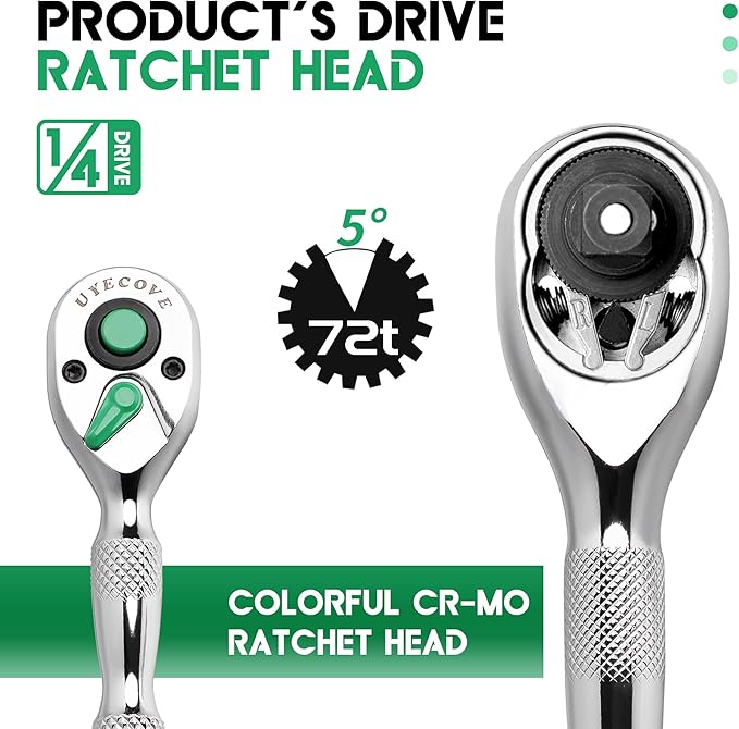 1/4 Inch Drive Ratchet Wrench, 1/4 Ratchet Wrench, 1/4 Drive Stubby Ratchet Socket Wrench, 72-Tooth, Reversible Cr-Mo Colorful Head, Chrome Steel - 3.54''/9cm