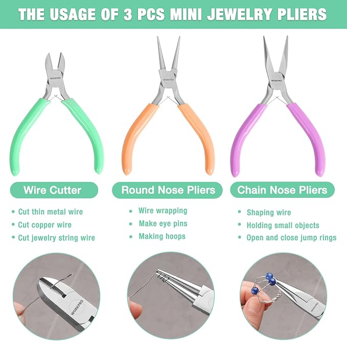WORKPRO Jewelry Pliers Set, 3-Piece Mini Jewelry Tool Kit—Purple Needle Nose - Image 3