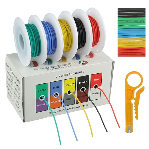 BOJACK 24 AWG Flexible Silicone Wire Electric Wire Hook up Wire Kit 300V Cables with Plus 20 φ3mm Heat Shrink Tubings and a Mini Wire Stripper(5 Colors 19.69Ft Each Color, 24AWG)