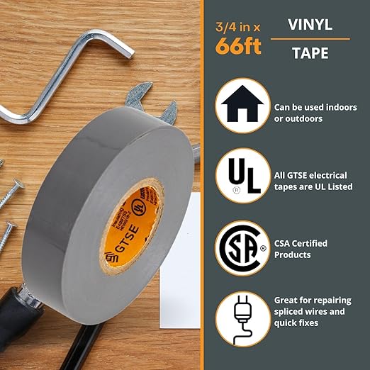 GTSE Gray Electrical Tape, 3-Pack – Waterproof, Industrial Grade Vinyl, 3/4 in x 66ft– Strong Self-Adhesive Grey PVC Electric Tape for Wire Insulation, 7 Mil, 600V – UL/CSA Listed