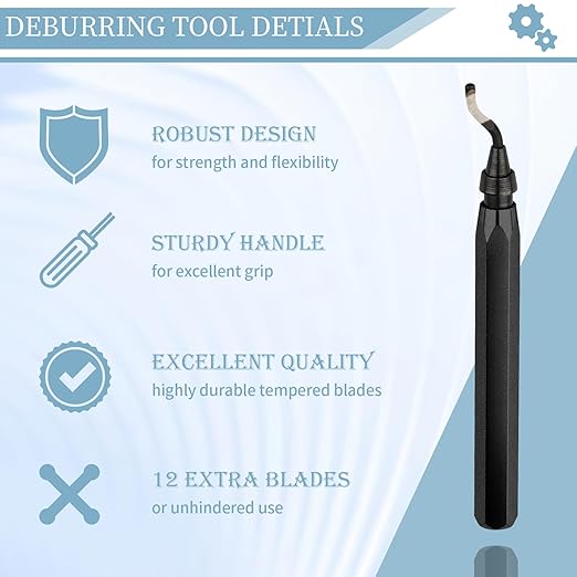 Deburring Tool with 12 High Speed Steel Blades, Deburring Tool 3D Printing, Deburring Tool for Metal, Resin, Copper, Plastic, PVC Pipes, 3D Printed Edges (1 Black Handle)