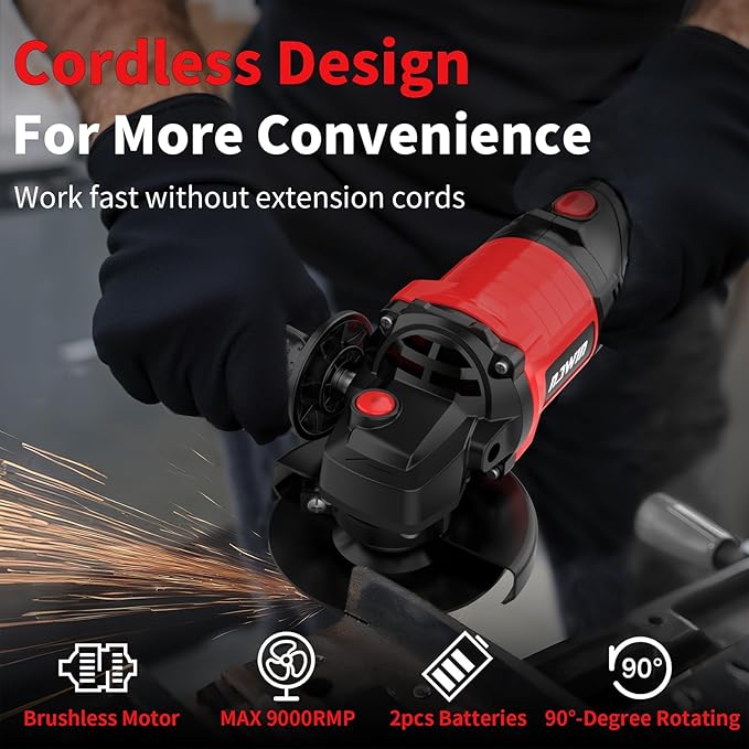 NAWIN 20V-cordless angle grinder 4-1/2'' cut off tool 2×4.0Ah Batteries & Charger,Max Brushless Motor 9000 RPM for Cutting, Grinding,Polishing（angle grinder variable speed）