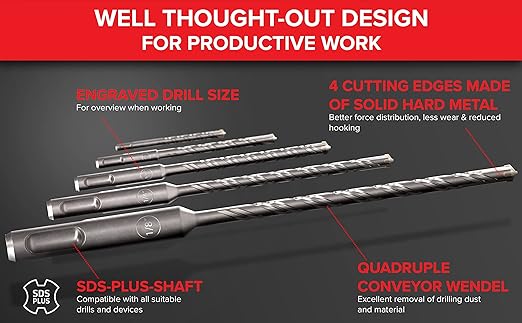 KSP-TEC® | Carbide - Cross Tipped SDS-Plus Rotary Hammer Drill and Chisle Bit Set with Storage Case for Masonry, Concrete, Brick, Stone