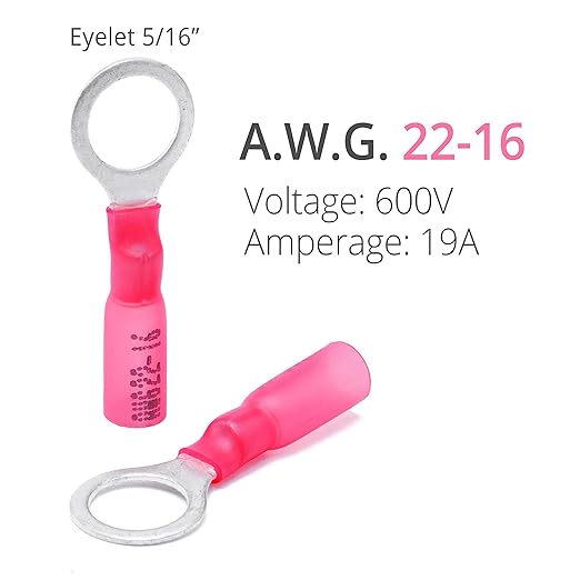 Wirefy 150 PCS Heat Shrink Ring Terminals 5/16" - a Resistant Ring Connectors - Eyelet Wire Connectors - Red 22-16 AWG