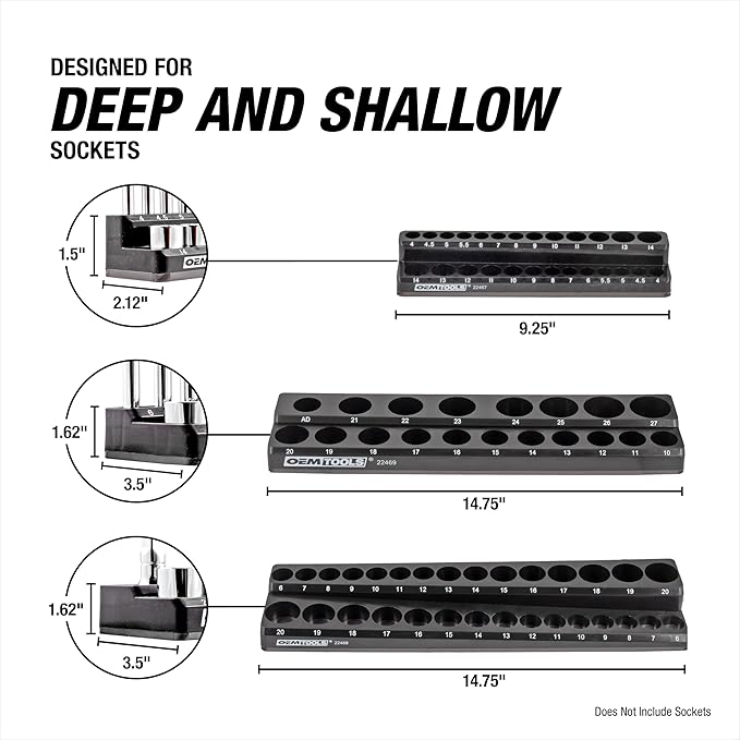 OEMTOOLS 22487 3 Piece Metric Magnetic Socket Organizers for Toolboxes, Socket Holder, Black Tool Box Organizer