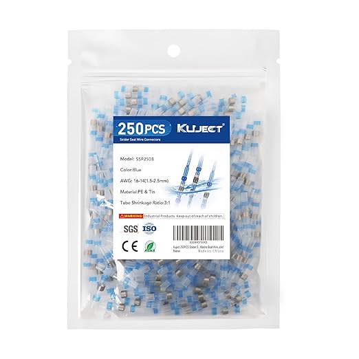 Kuject 250PCS Solder Seal Wire Connectors AWG 16-14, Blue Solder Seal Heat Shrink Butt Connectors Terminals Sleeve Waterproof Wire Splice Connector for Marine Boat Wire Joint