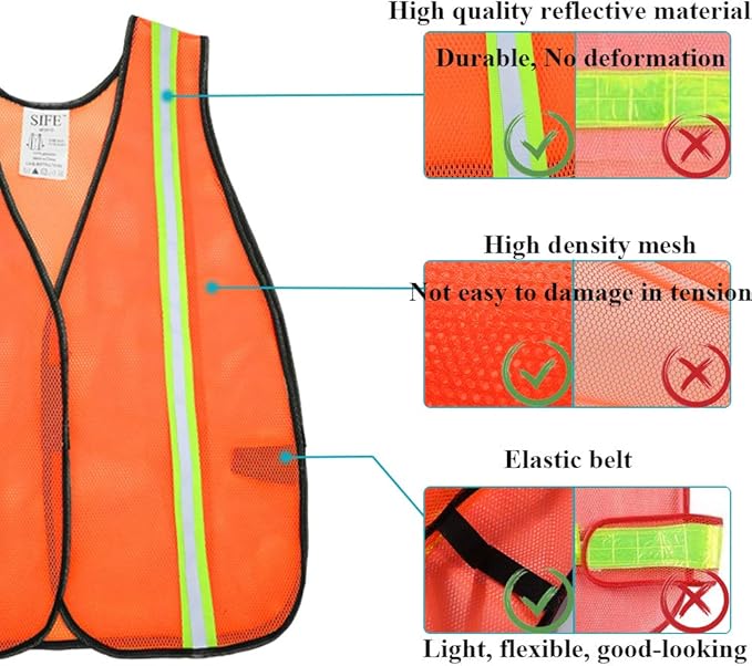 SIFE 1 Pack High Visibility Reflective Safety Vest,Made from Breathable and Neon Orange Mesh Fabric,light weight for Man and Woman(Orange, 1 pack)