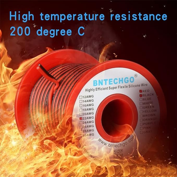 BNTECHGO 22 Gauge Flexible 2 Conductor Parallel Silicone Wire Spool Red Black High Resistant 200 deg C 600V for Single Color LED Strip Extension Cable Cord,Model,50ft Stranded Tinned Copper Wire