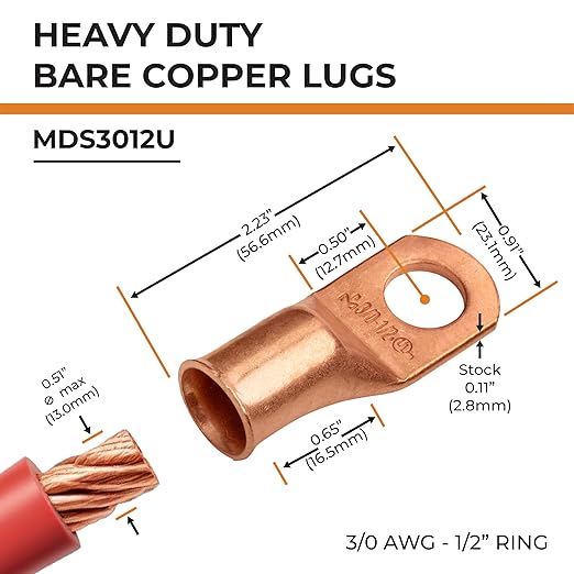 SELTERM 10pcs 3/0 AWG - 1/2" Stud - Battery Lugs, Heavy Duty Wire Lugs, Ring Terminals, Battery Cable Ends,000 Gauge Terminals, UL Bare Copper Eyelets Electrical Battery Terminal Connectors