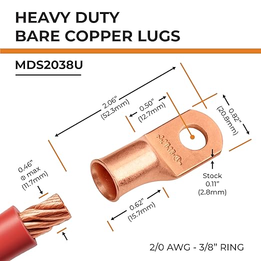 SELTERM 2pcs 2/0 AWG 3/8" Stud Copper Wire Lugs, Battery Lugs, Ring Terminals, Battery Cable Ends, 00 Gaug Ring Terminal Connectors, UL Heavy Duty Bare Copper Eyelets Battery Terminal Connectors