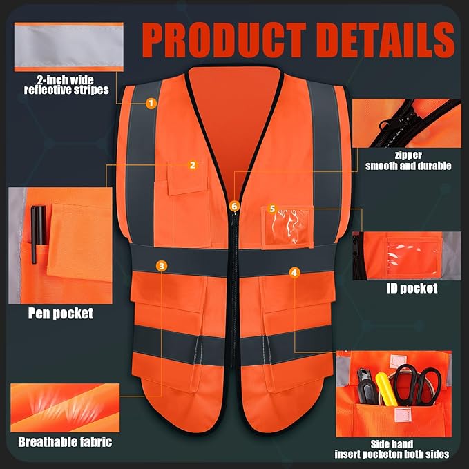 15 Pack Reflective Safety Vests with Pockets and Zipper High Visibility Vest Construction Work Vest for Men Women(Orange Red, X-Large)
