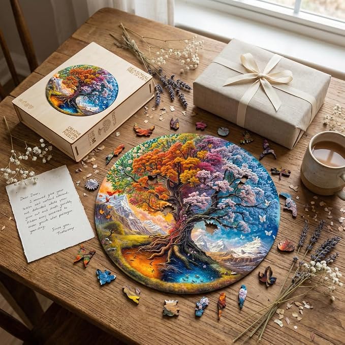 100 Pieces Wooden Puzzles Adults, Seasonal Tree of Life Wood Puzzles Adult - Image 5
