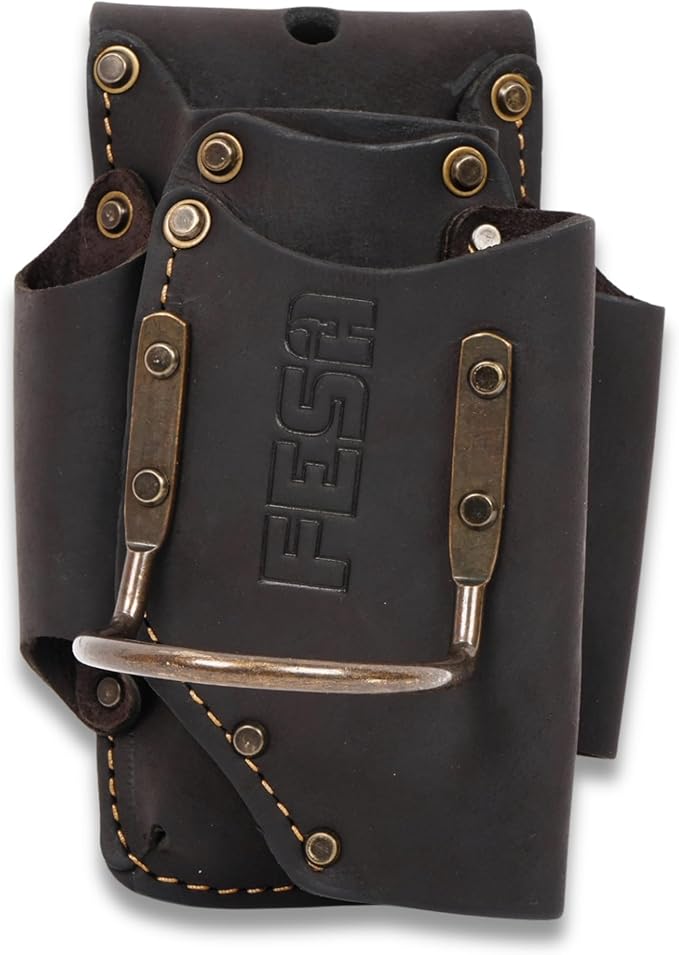 FESA Small Leather Tool Pouch - 5-in-1 Heavy Top Grain Leather Small Tool Pouch with a Steel Hammer Loop, 4 Pockets & Reinforced Heavy Duty Rivets - Fits Belts up to 3" - Handcrafted