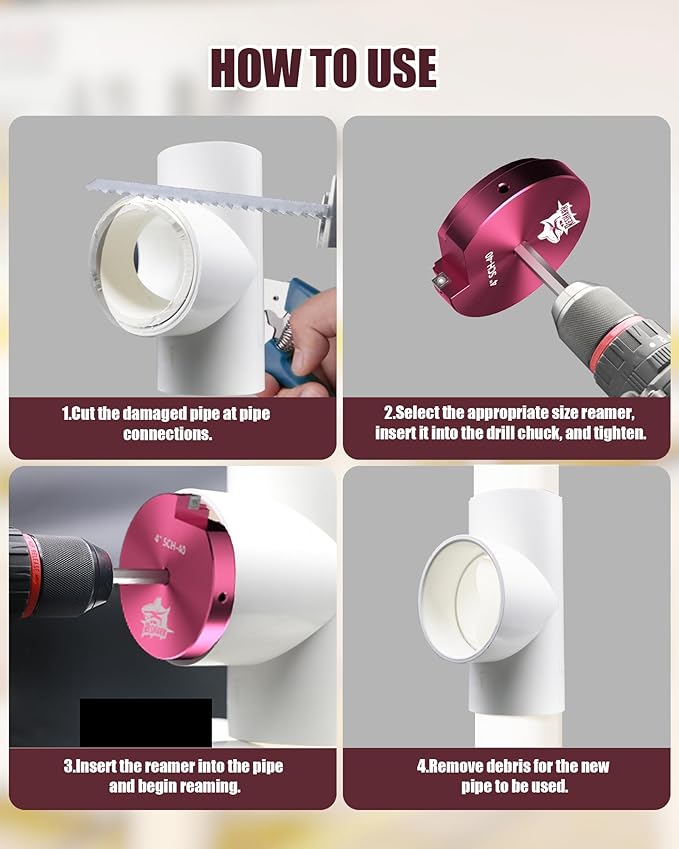 6 Pcs PVC Pipe Reamer Kit, PVC Fitting Saver Plastic Pipe Fitting Reamer Socket Saver Plumbing Tool Includes 3/4'', 1'', 1 1/2'', 2'', 3'', 4'' for Schedule 40 Fits Standard 1/2" Drill