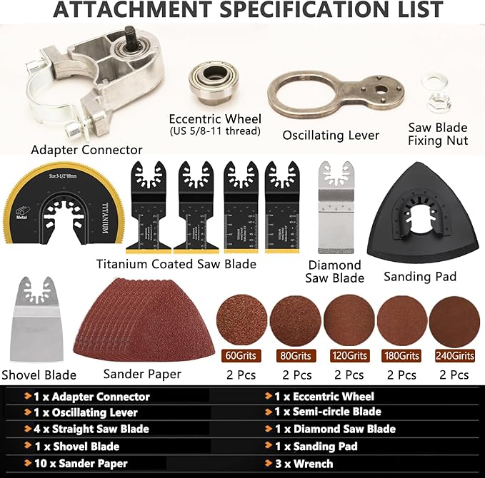 Oscillating Tool Adapter for Angle Grinder,Oscillating Multi Tool Kit with 19-piece Electric Multitool for Cutting Wood Drywall Nails Remove Grout & Sanding.