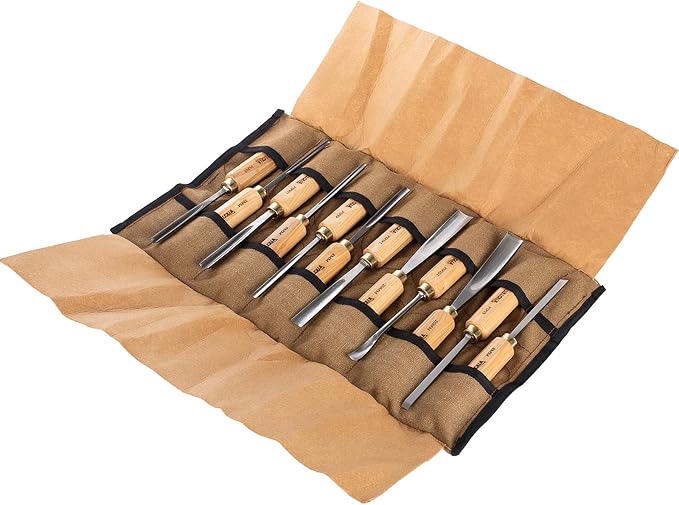 12-Pieces Woodworking Wood Carving Tools Chisel Set with Canvas Bag, Razor Sharp CR-V 60 Steel Blades