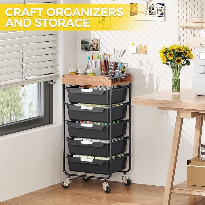 SYKIARIOL Utility Cart with 4 Labeling Drawers and Wooden Tabletop – Rolling - Image 9