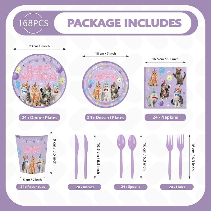 168 Pcs Purple Cat Birthday Party Decorations, Serves 24 | Cat Themed Birthday - Image 4
