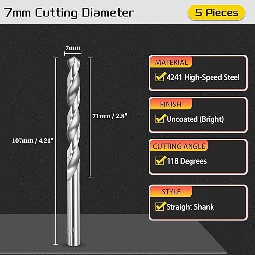 Drill Bit, 7mm Cutting Diameter, 4241 HSS 118° Cutting Angle Uncoated Bright Versatile Jobber Bits - (Applications: for Drilling Plastic Wood Soft Metal), 5-Pieces