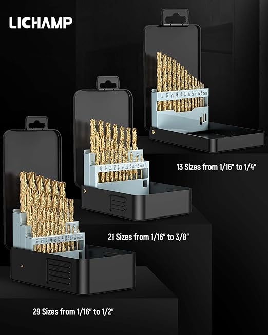 Lichamp 29-Piece HSS Drill Bit Set, High-Speed Steel Drill Bits with Titanium Coating from 1/16" to 1/2" for Metal, Cast Iron and Plastic - Comes with Indexed Steel Case