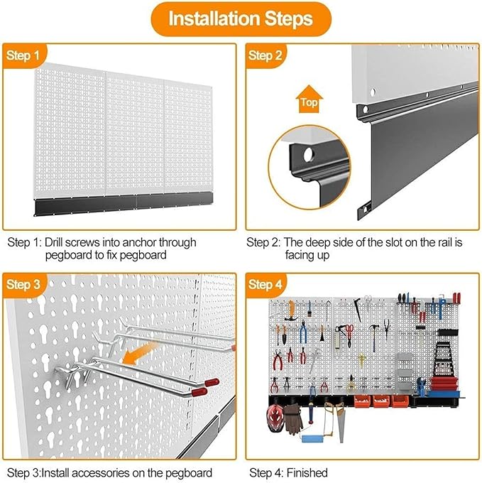 TORACK 109Pcs Pegboard Wall Organizer 4 ft. Garage Metal Pegboard Standard Utility Tool Storage Kit w/Toolboard Hooks & Pegboard Hooks Accessories, Wall Mounted Storage Bins & Shelf