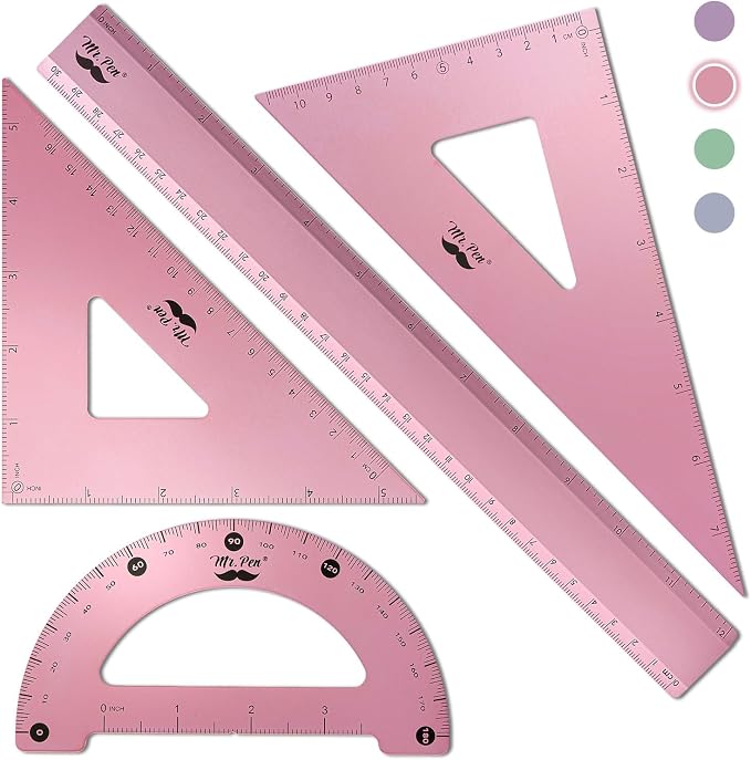 Mr. Pen- Metal Geometry Kit, 4 Pack, 45° & 30°/60° Set Squares | 6" Protractor by MrPen