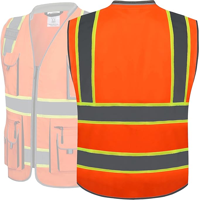 JKSafety 10 Pockets Class 2 Hi-Vis Zipper Front Safety Vest | Cushioned Collar | High Reflective Tapes with Extended Neon Yellow Strips | Meets ANSI/ISEA Standards (Medium, 89-Orange)