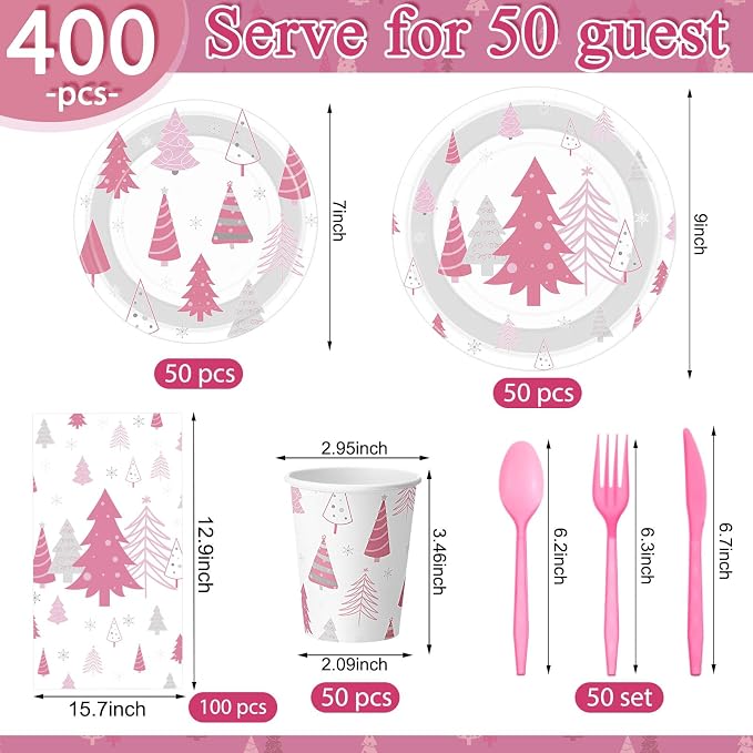 Pickmesh 400 Pcs Pink Winter Party Supplies Silver Xmas Tree Snowflake - Image 2