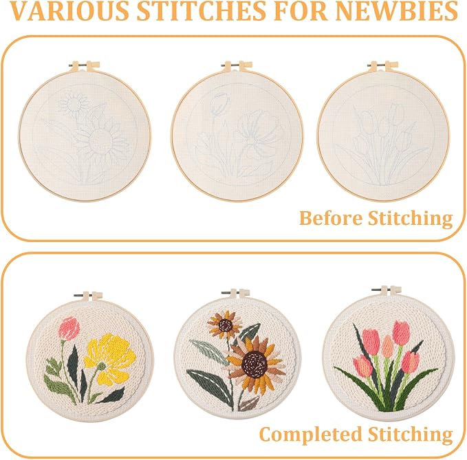 3 Pcs Punch Needle Kits, 7.87 Inch Flower Punch Needle Kit Sunflowers and - Image 4