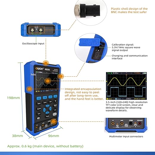 HDS2102 Oscilloscope 2CH Digital Handheld Oscilloscope Multiumeter 3.5" LCD 100MHz Bandwidth for Automobile Maintenance Power Detection