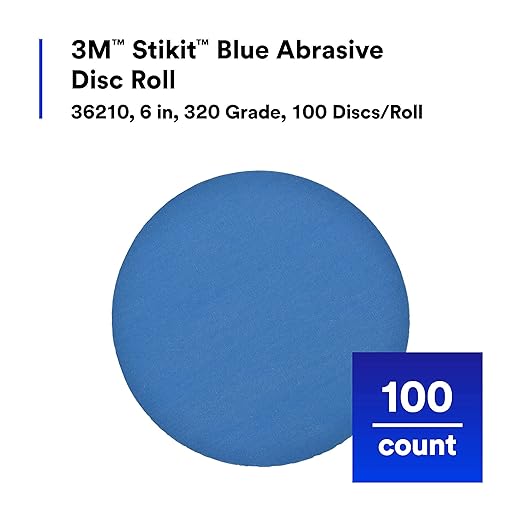3M Stikit Blue Abrasive Disc Roll, 36210, No Hole, 6 in, 320+ Grade, Pack of 100, Automotive Sanding Discs for Coating Removal, Body Repair, Auto Sanding, Primer Sanding
