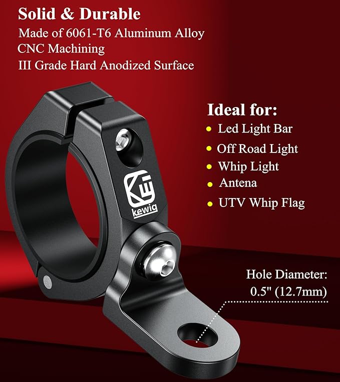 BRCOVAN UTV Whip Flag Mount, Solid Aluminum Alloy Whip Light Mount, Off-Road LED Light Bar Mounting Bracket, 360° Adjustable Roll Cage Clamp Holder Fit 1.5''/1.65'' /1.75''/1.85''/2'' Roll Bars, 1PC