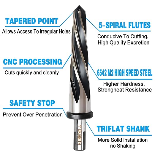 5 PCS M2 HSS Taper Chucking Reamer Set, 1/2" 3-Flat Round Shank Bridge/Construction Reamer Drill Bits for Steel, Metal, Wood, Alloy - Align and Enlarge Existing Holes to 3/8", 1/2", 5/8", 3/4", 1"