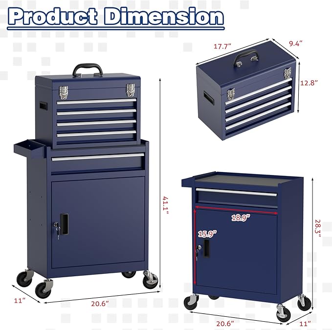 Rolling Tool Box with Wheels, 5-Drawer High Capacity Tool Chest with Wheels, Removable Storage Toolbox with Lock for Garage, Workshop