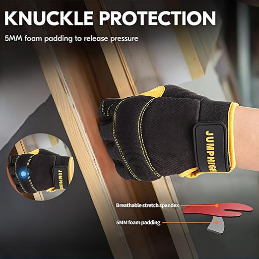 JUMPHIGH Safety Work Gloves, Men's Utility Mechanic Working Gloves for All Purpose, Touchscreen Compatible, Flexible Breathable Fit, Knuckles & Palm