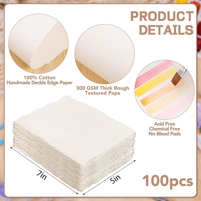 100 Sheets Watercolor Paper 5 x 7 in, 300 GSM Deckled Edge Handmade Paper | - Image 2